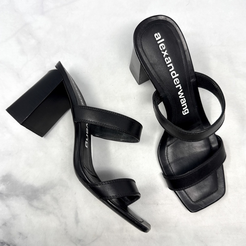 Alexander Wang Hayden Leather Square Toe Minimalist Slide Mule Sandal Heel Black - Picture 4 of 16